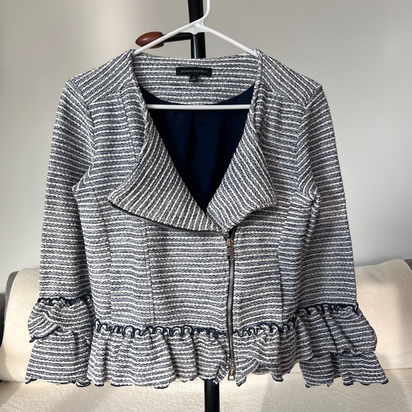 Banana Republic Blue White Tweed Ruffle Peplum Asymmetrical Zip Blazer Jacket 4 - Picture 5 of 8